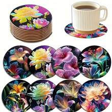 8 件钻石画杯垫套装带支架，适合初学者，成人钻石画套件，手工工艺品