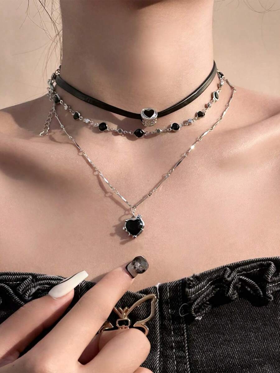 Multi-Layer Necklace For Women, Edgy & Sweet Black Leather Cord Choker Necklace - Black - View 1