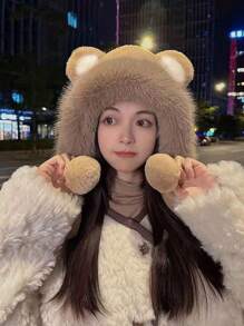 1 件女士秋冬可爱熊耳针织帽，舒适绒球毛绒帽，时尚护耳保暖毛绒帽