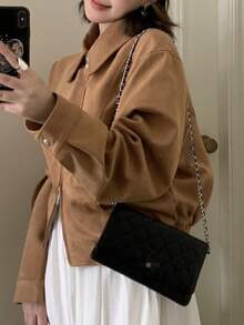 Jaqueta Casual Solta de Camurça Falsa com Gola Vintage, Zíper Duplo e Bolso, Forrada de Pelúcia, Elegante Agasalho para Vestidos de Inverno em Ano Novo, Festa de Natal - Caramelo - Visão 4