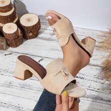 5cm Chunky Heel Summer New Buckle Strap Open Toe Slide Sandals, Fashion Square Toe Slip-On, Versatile & Elegant