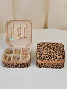 1 Leopard Print Jewelry Box, Portable Jewelry Earring Ring Storage Box, Small Exquisite Necklace Box For Women Storage Organizer Travel Essentials Back To School Dormitory Storage - Multicolor - View 9