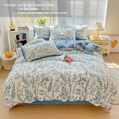 Set di biancheria da letto 4 pezzi, ramo e foglia blu, stampa foglia di monstera, lenzuolo piatto blu, set di biancheria da letto morbido e confortevole, adatto per dormitorio, camera da letto, stile tropicale e nordico, set copripiumino in fibra di poliestere super morbido, adatto per tutte le stagioni (include 1 copripiumino, 1 lenzuolo piatto, 2 federe, senza imbottitura)