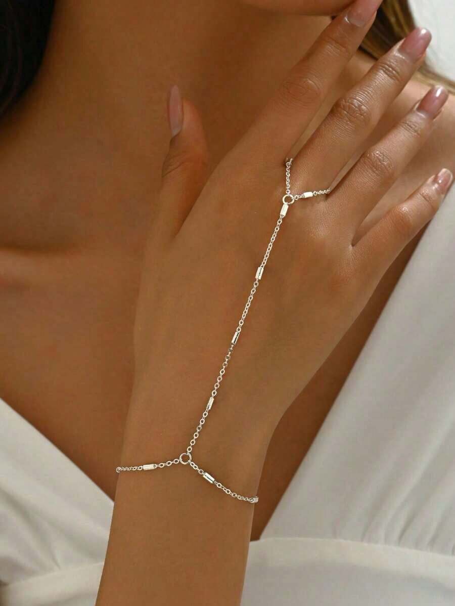 1pc Minimalist Style Exquisite Versatile Chain Beaded Link Finger Ring Bracelet For Women, Suitable For Daily Wear And Outing