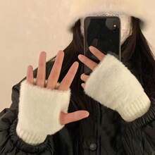 1双女士时尚冬季保暖针织羊毛黑色手套带布标装饰，Y2K白色手套。朋克风格露指手套，适合日常/约会/居家/外出日常防护用品手部和肘部和手臂防护活动风格半指毛绒手套极具吸引力公主保暖秋冬手袜可触摸屏学生上课 - 彩色 - 查看 1