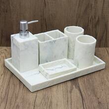 Premium Marble-Look Bathroom Accessories Set, Including Shampoo, Body Wash, Soap Dispenser, Toothbrush Holder, Soap Dish, Tumbler, Freely Combinable For Various Scenarios