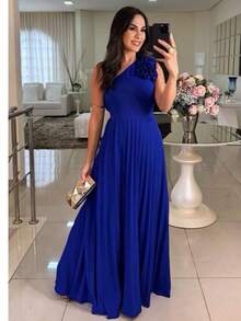 One-Shoulder Long Dress With 3D Flower – Elegance And Sophistication - Blue - View 2