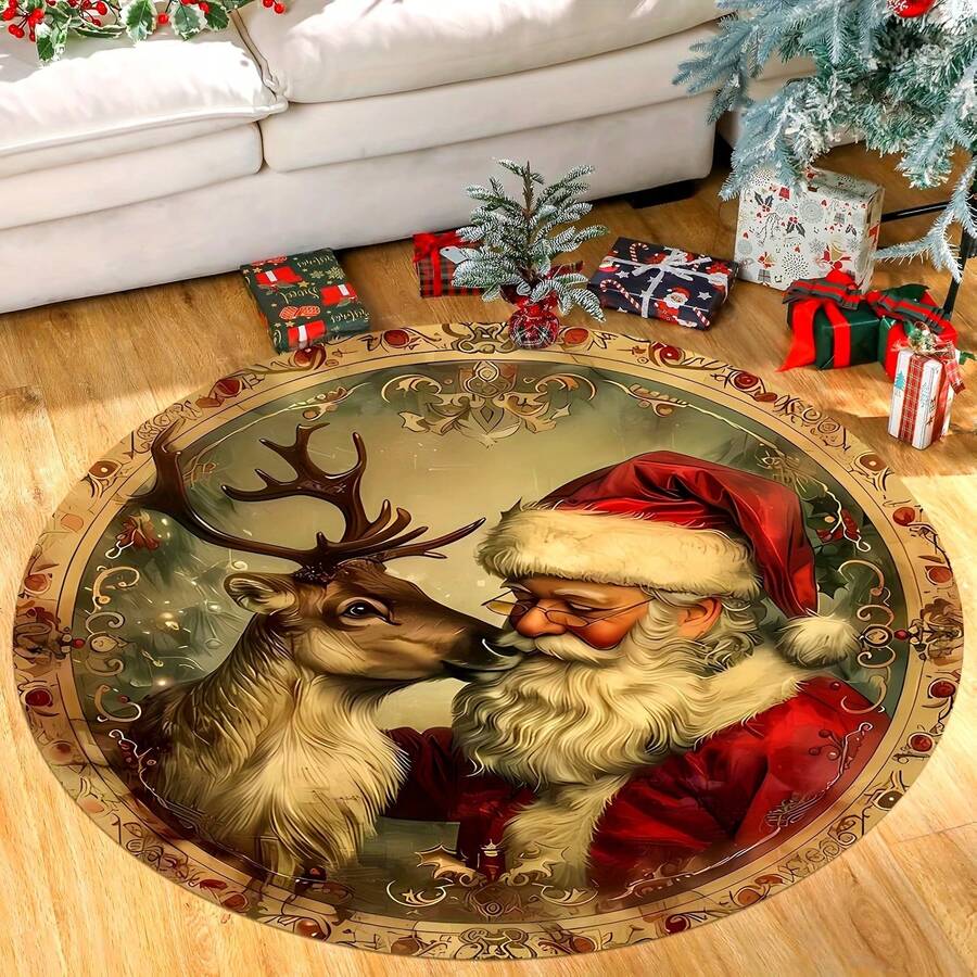 Weihnachts-Rundteppich - Vintage Weihnachtsmann und Rentier Design, fleckabweisend, leicht, maschinenwaschbarer Polyester-Teppich, geeignet für Wohnzimmer, Schlafzimmer, Innenraum-Feiertags-Dekoration, rutschfester Memory-Schaum Küchenteppich - Verschiedenfarbig - Übersicht 1