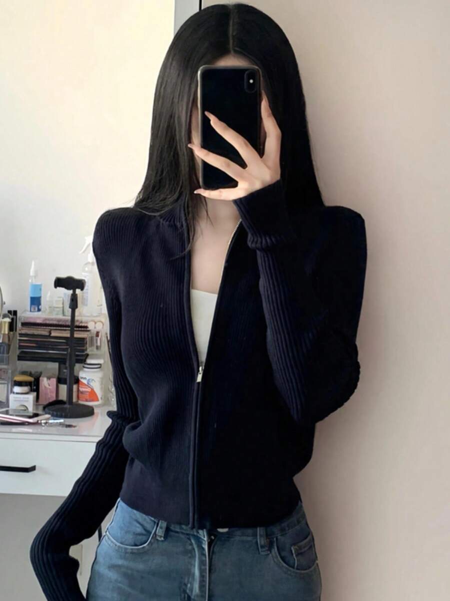 CMC Casual Solid Color Polyester Ribbed Zip-Up Cardigan, Suitable For Vacation, Office, Home, Travel, Spring/Autumn/Winter