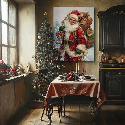 1pc Santa Claus Christmas Canvas Mural Vintage Winter Painting Santa Claus Giving Gifts In The Snow Christmas Artworks Suitable For Living Room, Bedroom Home Decoration Vintage Frameless Wall Arts Posters