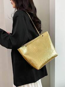 大容量鳄鱼纹单肩托特包，女士手提包，新款PU斜挎链条包 - 金色 - 查看 10