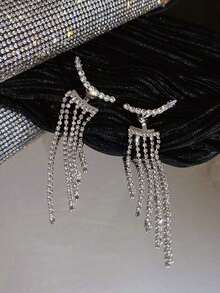 Rhinestone Tassel Drop Earrings - 銀色 - 查看 2