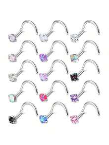 15 件女士鼻环，防过敏鼻环 20G，医用不锈钢鼻环和耳环，S 形螺丝耳环，3 毫米方晶锆石鼻环，唇环，男女通用穿孔饰品 - 銀色 - 查看 6