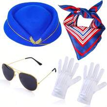 5pcs/Set Holiday Themed Flight Attendant Hat, Scarf, Brooch, Gloves, Glasses Cosplay Accessories, Retro Stewardess Outfit,Halloween