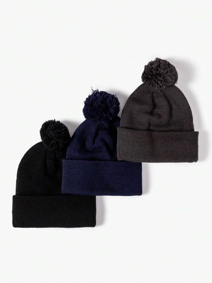 Men's Autumn/Winter Faux Knitted Knit Beanie With Pom Pom Solid Color Plain Knit Pom Pom Hat, Versatile Outdoor Warm Ear Protection Beanie Autumn Outfits Fluffy - Multicolor - View 1