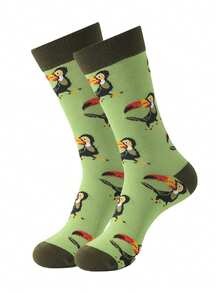 1双男士创意巨嘴鸟图案中筒袜，动物爱好者的必备单品！男女通用时尚袜子，可作为个性化礼物，男士的完美之选，秋冬必备单品