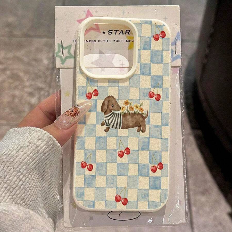 1 pieza Funda de teléfono con patrón de perro salchicha azul con diseño de tablero de ajedrez de cereza, de material TPU, compatible con Apple/Teléfonos - Blanco - Ver 1
