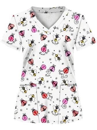 Färgglatt havssköldpaddstryck, 2 fickor, damskrubbtopp, bekväm t-shirt för sjukvårdspersonal - mjuk, andningsbar, praktisk uniform lämplig för sjukhus, tandkliniker, salonger och anläggningar, sjuksköterskekläder