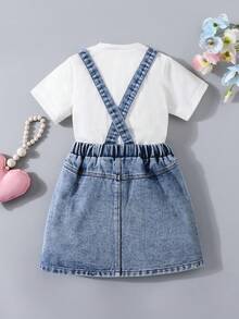 Vestido de peto de mezclilla lavada con lazo blanco 3D para niñas, con tirantes ajustables - Azul - Ver 6