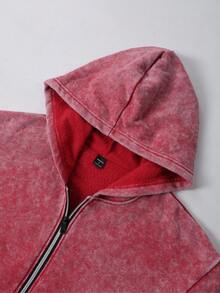 Autumn/Winter Holiday Series Cherry Blossom Pattern Men's Hoodie, Slightly Stretchy Silhouette, Distressed Wash Treatment, Cotton Fleece Red Long Sleeve Zip-Up Sweatshirt, Outdoor Casual Everyday Wear Back To School Season Jacket