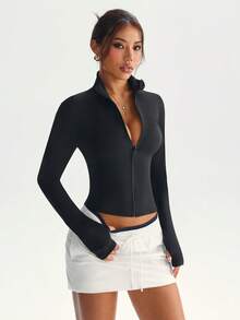 Women's Black Textured Fabric Zip-Up High Neck Minimalist Fashion Thumb Hole Knit Sports Jacket