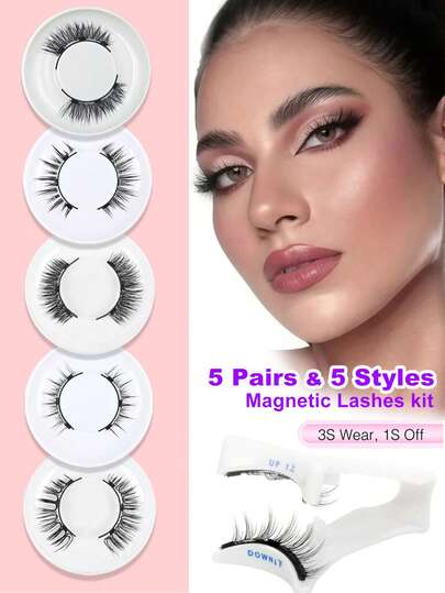 طقم رموش مغناطيسية 5 علب مع 1 أداة تطبيق - بدون حاجة لصق، رموش صناعية قابلة لإعادة الاستخدام، مظهر طبيعي، أنماط متعددة، سهلة التطبيق، مثالية لجميع المناسبات | طقم إطالة الرموش