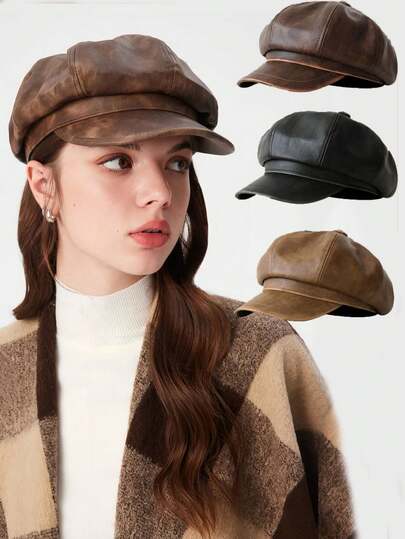 1pc Distressed Vintage British Style Leather Newsboy Cap, Unisex Autumn/Winter Korean Fashion Versatile Beret Hat