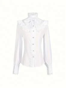 Women Elegant Frill High Neck Contrast Lace Ruffle Trim Blouse - White - View 1