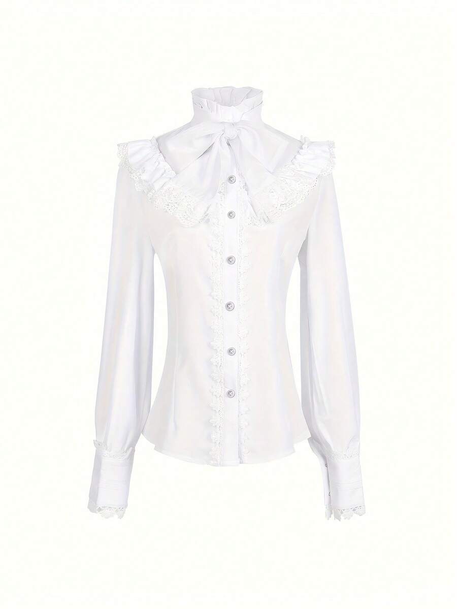 Women Elegant Frill High Neck Contrast Lace Ruffle Trim Blouse - White - View 1
