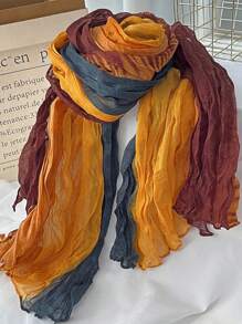 1pc Women Long Lightweight Ombre Linen-Look Scarf, Soft Breathable Pleated Shawl Wrap, Fashionable For Daily Outfits, Beach, Travel And Sun Protection