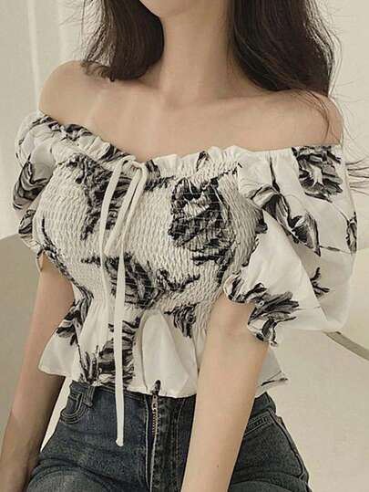 2025 Spring/Autumn Elegant Personalized Short Sleeve Cinched Waist Floral Print Blouse
