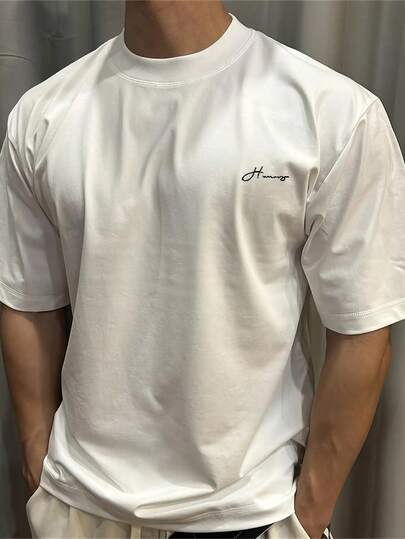 Camiseta de Hombre 100% Algodón - Manga Corta, Cuello Redondo, Hombro Caído, Ajuste Casual Holgado, Top de Verano de Moda, Versátil, Ropa Deportiva, Ropa Casual|Top de Verano a la Moda|Ajuste cómodo