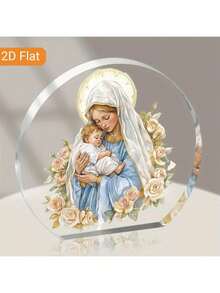 1 pieza Placa acrílica de la Virgen María y el Niño, letrero de escritorio acrílico plano 2D, adorno de arco autoportante para el altar del hogar, sala de oración, oficina, regalo cristiano para católicos y familias - Navidad, Pascua, Acción de Gracias