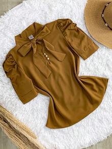 Women's Formal Blouse With Short Puff Sleeves And Bow No. 8 - 棕色 - 查看 1