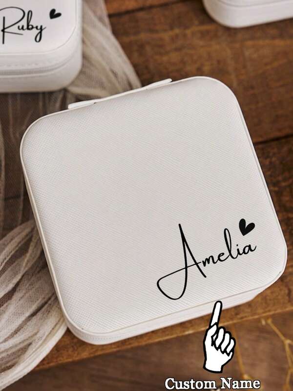 1 caixa de joias personalizada em formato de coração - mala com nome personalizado para madrinhas, presentes de casamento com letras, casamentos e ocasiões especiais, design branco elegante com fecho de zíper e forro de tecido, presentes para festas de casamento | Estilos clássicos | Grade de armazenamento com separação, presentes para madrinhas, caixa de joias