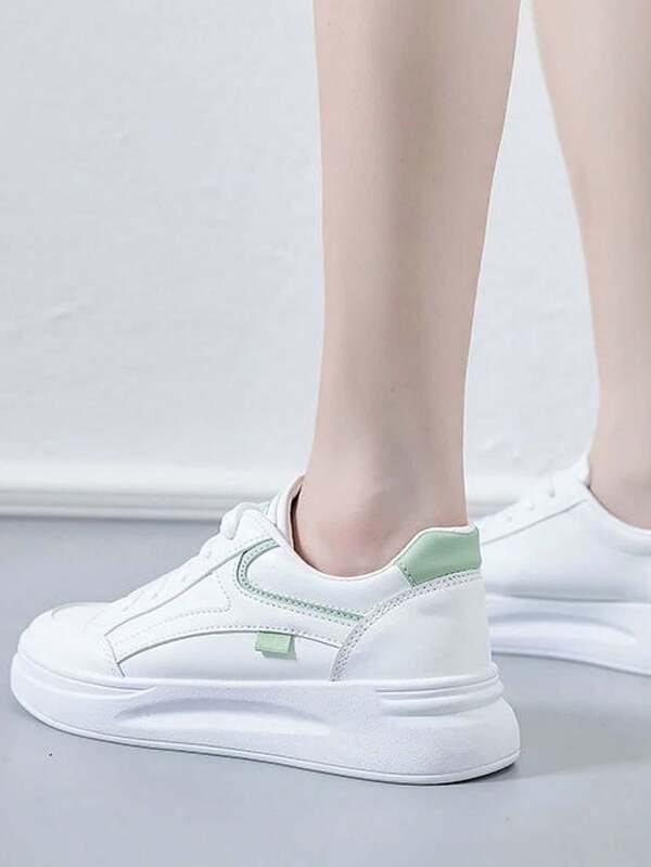2025 New Arrival Women's Thick Sole College Style Niche Student Casual Sneakers, White & Green