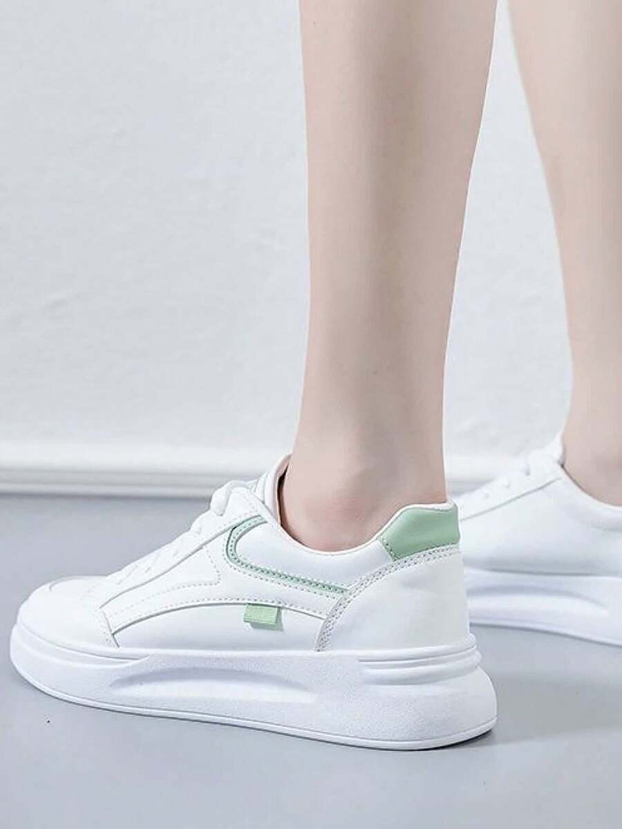 2025 New Arrival Women's Thick Sole College Style Niche Student Casual Sneakers, White & Green