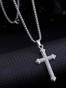 1 件简约水钻镶嵌十字架不锈钢项链，长款多层项链，适合日常佩戴，男女通用