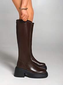 New Brown Thick Bottom Chunky Calf Length Stretch Boots, Autumn/Winter,Women Boots - Brown - View 7