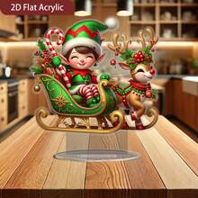 1pc 2D Flat Decorative Piece, Christmas Decor, Classic Fantasy Christmas Elf Sleigh And Reindeer Acrylic Desktop Decoration, Tabletop Display Stand, Suitable For Home, Office And Shelf Decor, Holiday Fantasy Design, Perfect Christmas Gift And Holiday Decoration Home Decor Christmas Decorations Room Decor