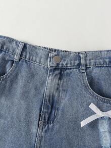 2pcs/Set Big Girls Sweet Butterfly Print Top & Custom Distressed Denim Pants With 3D Bow Tie, Long Sleeve Outfit, Spring/Summer New Arrival - Multicolor - View 4