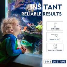 Tiras de prueba de agua para acuario 9 en 1 | Kit de prueba para acuario de 50 piezas para agua dulce/salada y estanque | Incluye tiras de termómetro para acuario, pH instantáneo, nitrato, nitrito, cloro, análisis de hierro | Tiras de prueba de alta precisión para monitorear la calidad del agua - Azul - Ver 2