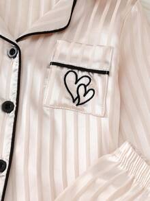 2pcs Baby Girls' Autumn/Winter Satin Heart Embroidery Sleepwear Set, Comfortable & Sweet For Daily Wear - Apricot - View 4