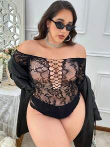1pc Plus Size Women's Black Hollow Front Long Sleeve Bodysuit, Jacquard Sexy Jumpsuit, Suitable For Valentine's Day, Halloween, Christmas - Black - View 6