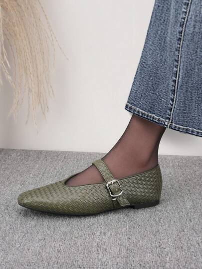 女士新款平底鞋，时尚方头，金属扣，橄榄绿色编织图案，玛丽珍芭蕾平底鞋，适合日常穿着、散步、工作、度假、派对、时装秀，可搭配牛仔裤、裙子、连衣裙，休闲舒适