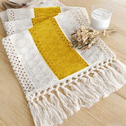 1pc Boho Style Handwoven Table Runner, Cream And Yellow Tassel Decor, Suitable For Boho Restaurant, Bedroom, Rustic Bridal Shower, Farmhouse Dining, Thanksgiving Christmas Home Decor (Multiple Sizes Available)