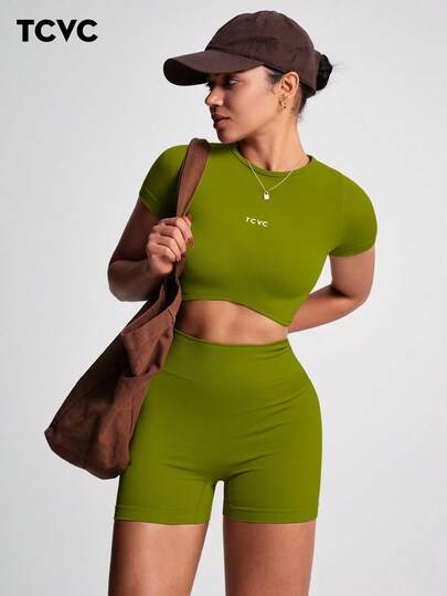 TCVC 女士高弹力运动短袖短裤套装，圆领无缝针织，高腰收腹蜜桃臀，亲肤面料，紧身塑形，休闲百搭，分层穿着，四季皆宜，运动瑜伽套装