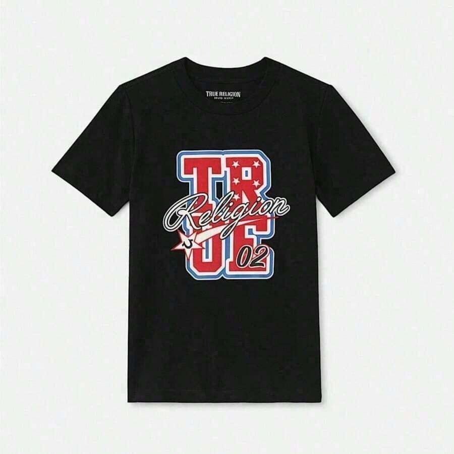 Trues Religions Summer T-Shirt Boys Supercool True Patch Tee Women's Men's Oversized Loose Top Hip Hop TRENDSSy Brand Men's Clothing- Women's 100% Cotton Vintage-Inspired Graphic Tee - Y2K Retro  Print-Bohemian - 黑11 - 查看 1