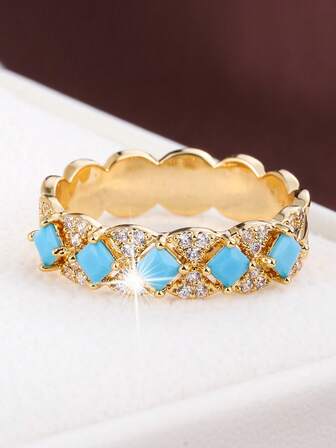 1pc Geometric Cubic Arrangement Design Cubic Zirconia Women Ring