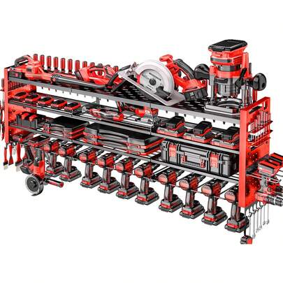 49.8" W Large Power Tool Organizer Wall Mount, Heavy Duty Tool Organizer With 14 Cordless Drill Holder, 4 Layers Garage Organization And Storage Rack, Tool Rack For Garage Workshop, Red